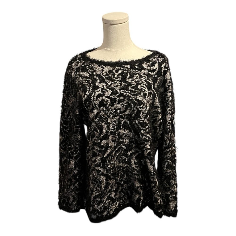 Chico’s Eyelash-Trim Jacquard Pullover Sweater – Size 2 – Black & Gray Abstract